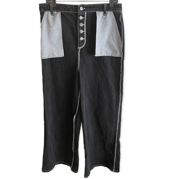 PrettyLittleThing Black Wide Leg Denim Jeans Pants Button Fly Size 10 - Picture 6 of 9